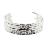 Stainless Steel Mantra Cuff Bracelet Words Breathe Believe, Love Life, Always in my heart